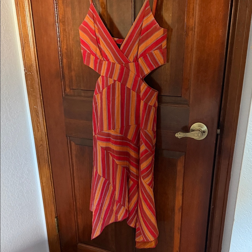 bebe Asymmetrical Dress in Red and Orange Stripes